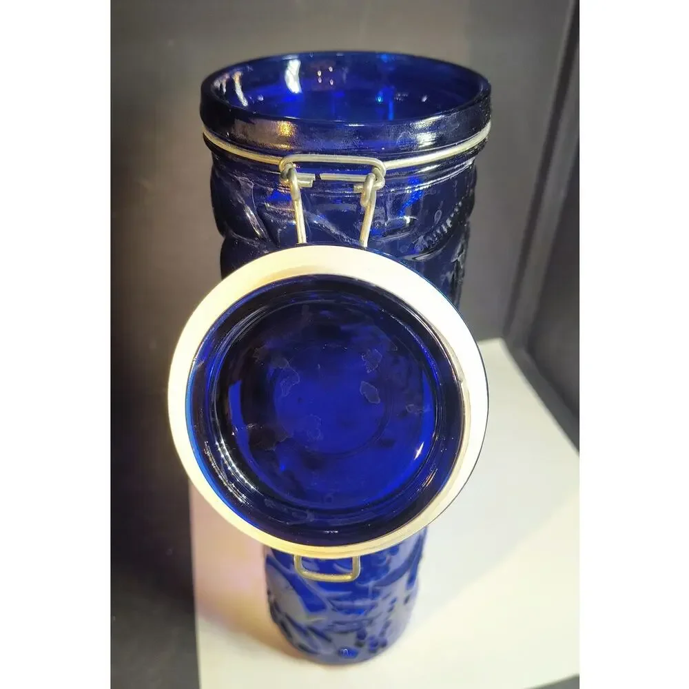 1055.  Tall Pasta Cobalt Blue Cannister Wire Bale Hinged Lid